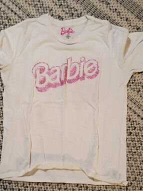 Barbie White Tee with Pink Glitter Logo